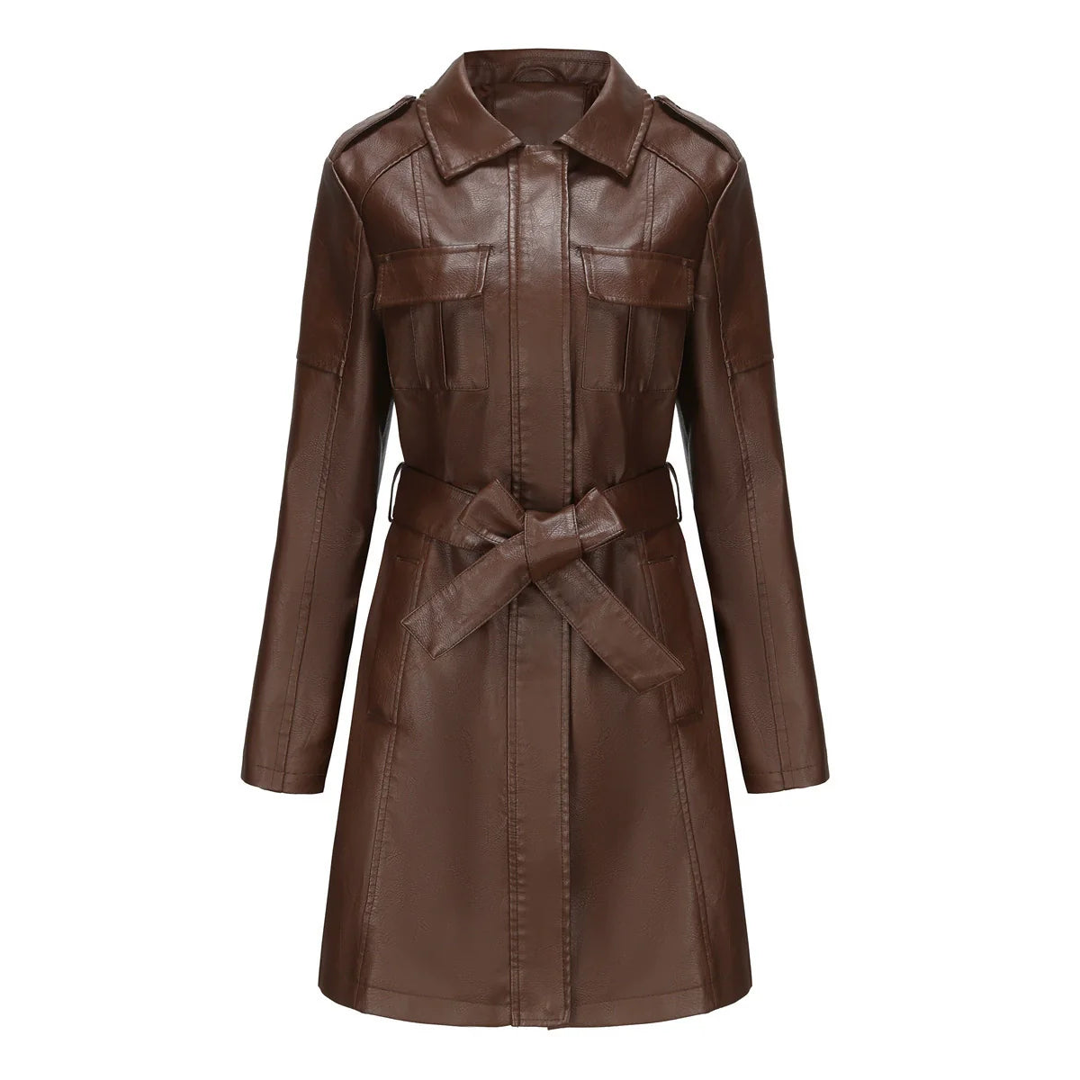 Women’s Medium-Length Coat – Structured Fit – Leather-Like Finish – Zipper & Pockets