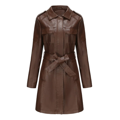 Women’s Medium-Length Coat – Structured Fit – Leather-Like Finish – Zipper & Pockets