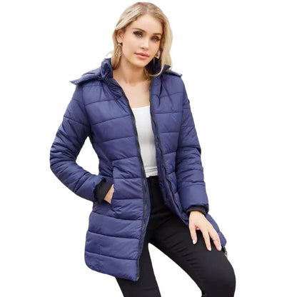 Women’s Puffer Jacket – Quilted Insulation – Detachable Hood – Mid-Length Fit