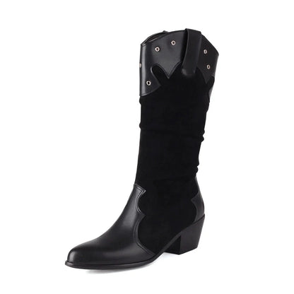 Women’s Mid-Calf Boots – Slouchy Fit – Western Style – Stud Accents – Block Heel