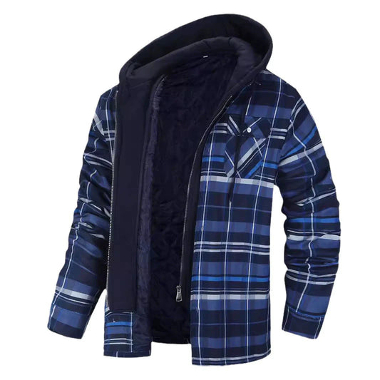 Men’s Jacket – Plaid Pattern – Quilted Sherpa Lining – Hooded – Regular Fit Casual