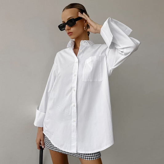 Women’s Button-Up Shirt – Cotton Blend – Oversized Fit – Long Sleeve Casual Top