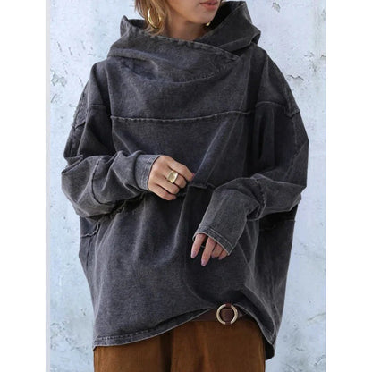 Women’s Pullover Hoodie – Oversized Relaxed Fit – Draped Cowl Neck – Vintage Cotton Feel