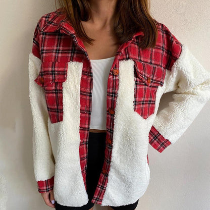 Women’s Shacket Jacket – Oversized Relaxed Fit – Sherpa Fleece – Plaid Wool Blend – Button Front