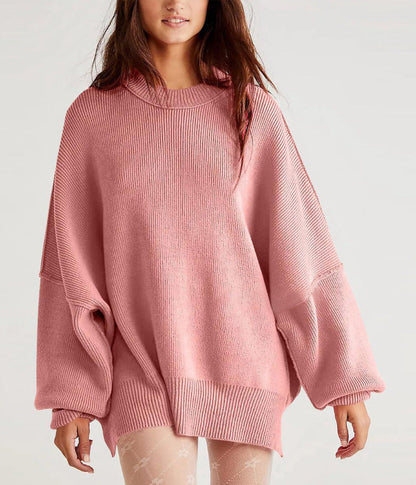 Women’s Pullover Knit Sweater – Oversized Fit – Textured Finish – Side Slits – Crew Neck