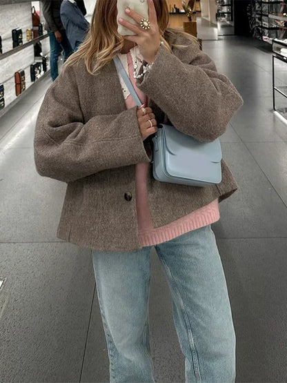 Women’s Short Wool-Like Jacket – Boxy Fit – V-Neck – Wide Sleeves – Coat-Inspired Design