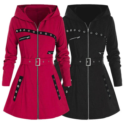 Women’s Hooded Coat – Slim Fit – Asymmetrical Hem – Metallic Zippers – Mid-Thigh Length