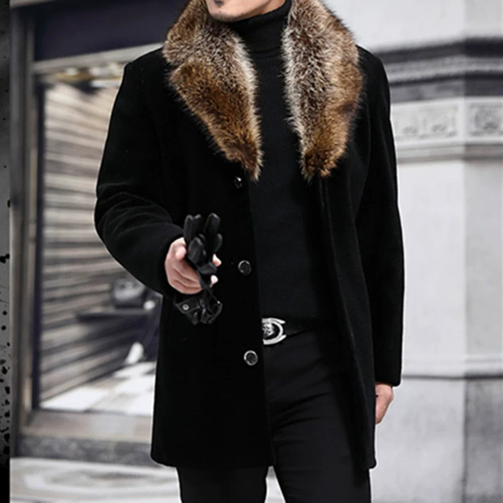 Men’s Mid-Length Coat – Structured Fit – Wool Texture – Shaggy Fur V-Collar – Button Front