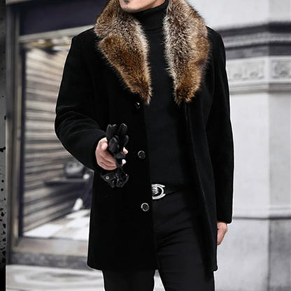 Men’s Mid-Length Coat – Structured Fit – Wool Texture – Shaggy Fur V-Collar – Button Front