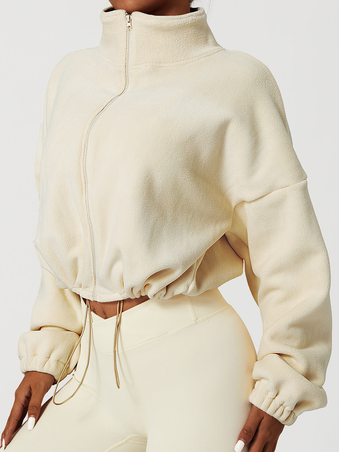 Women’s Cropped Jacket – Plush Fleece Feel – Loose Fit – Stand Collar – Zip Front
