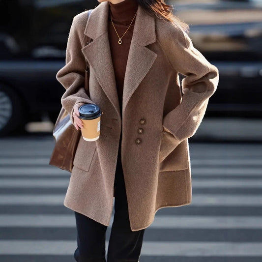 Women’s Coat – Relaxed Fit – Wool-Like Fabric – Double-Breasted – Notched Lapel – Mid Length