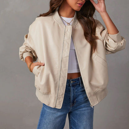 Women’s Leather Jacket – Oversized Fit – Ribbed Trim – Zip Front – Casual Layering