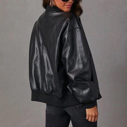 Women’s Leather Jacket – Oversized Fit – Ribbed Trim – Zip Front – Casual Layering