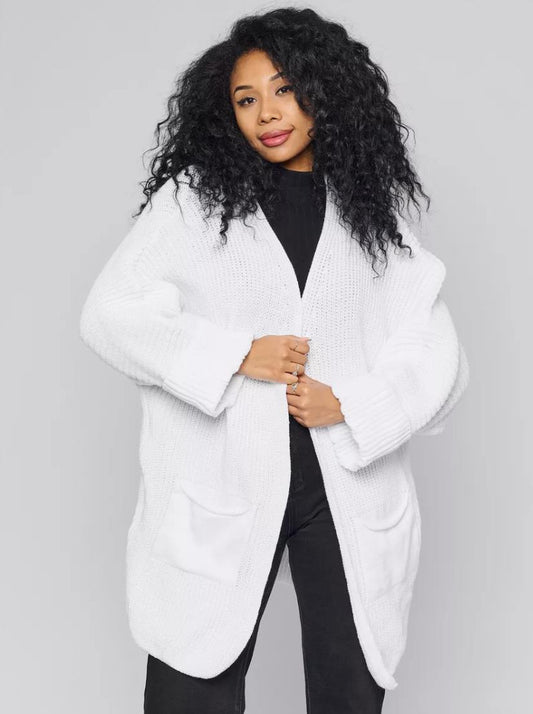 Women’s Cardigan – Oversized Fit – Knitted Wool-Like Fabric – Open Front – Front Pockets