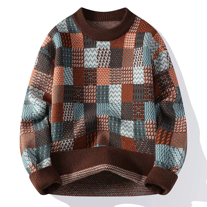 Men’s Pullover Sweater – Relaxed Fit – Wool Blend Knit – Checkerboard Patchwork