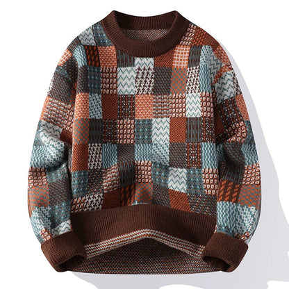 Men’s Pullover Sweater – Relaxed Fit – Wool Blend Knit – Checkerboard Patchwork