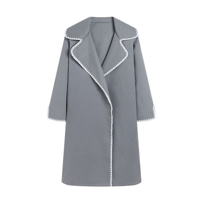 Women’s Windbreaker Jacket – Oversized Fit – Wool Feel – Lapel – Shell Embroidery