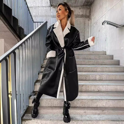 Women’s Long Coat – Oversized Fit – Faux Leather Wrap Style – Plush Trim & Tie Belt
