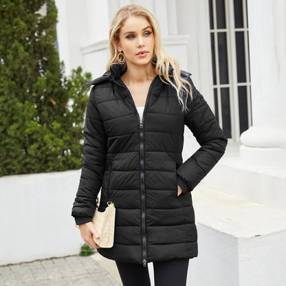 Women’s Puffer Jacket – Quilted Insulation – Detachable Hood – Mid-Length Fit