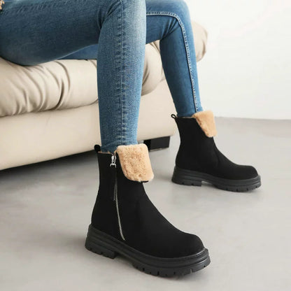 Women’s Ankle Boots – Faux Fur Lined – Lug Sole – Round Toe – Zipper Closure