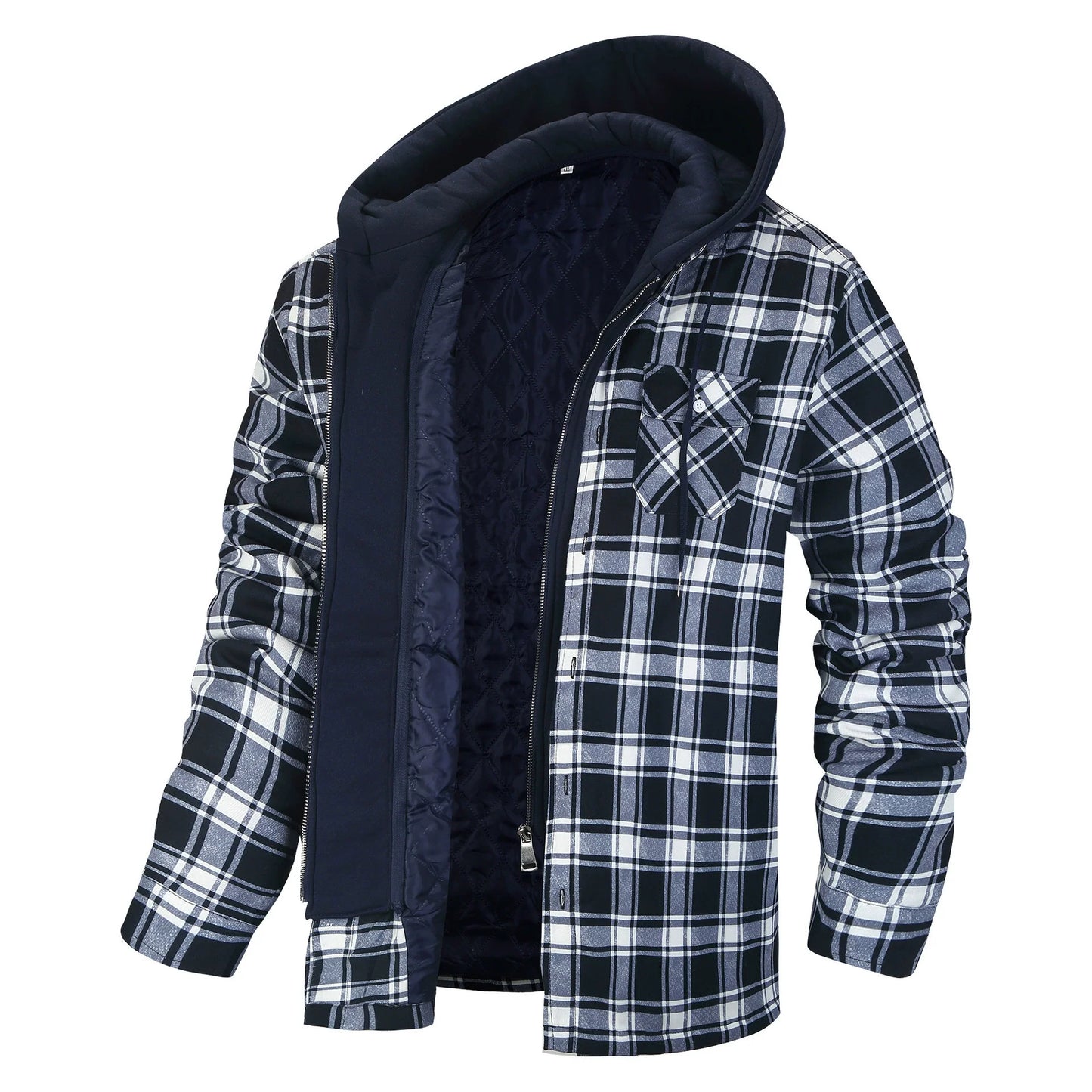 Men’s Jacket – Plaid Pattern – Quilted Sherpa Lining – Hooded – Regular Fit Casual