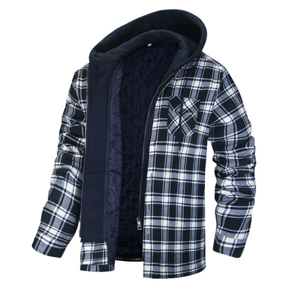 Men’s Jacket – Plaid Pattern – Quilted Sherpa Lining – Hooded – Regular Fit Casual