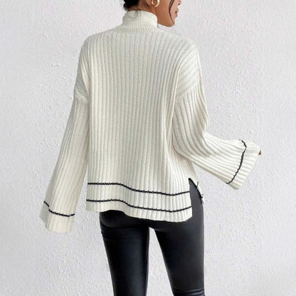 Women’s Knitted Sweater – Oversized Fit – Ribbed Texture – Mock Neck – Long Sleeve