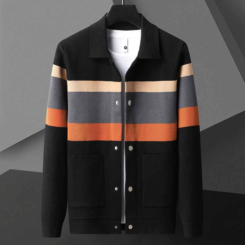 Men’s Knitted Jacket – Slim Fit – Geometric Pattern – Shirt Collar – Button Front