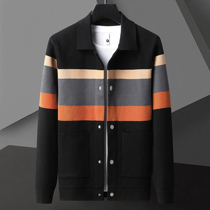 Men’s Knitted Jacket – Slim Fit – Geometric Pattern – Shirt Collar – Button Front