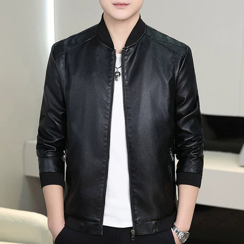 Men’s Bomber Jacket – Slim Fit – Faux Leather – Full Zip – Ribbed Collar and Cuffs