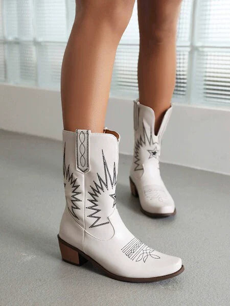 Women’s Western Boots – Leather – Embroidered – Square Toe – Block Heel – Mid-Calf