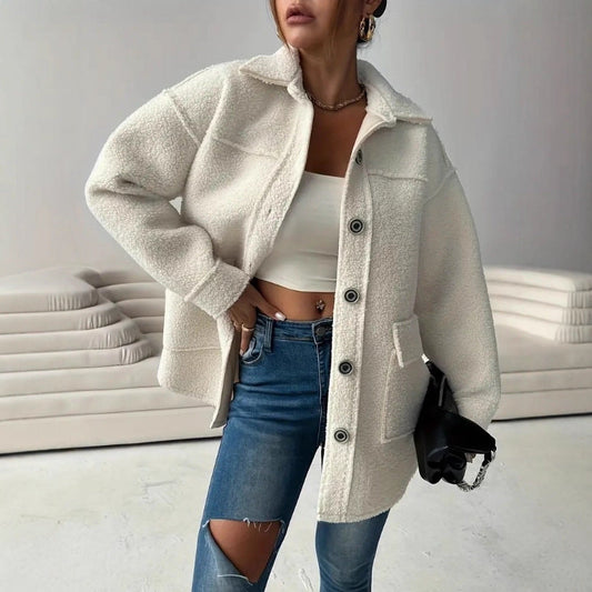 Women’s Coat – Oversized Fit – Plush Teddy Fleece – Lapel Collar – Patch Pockets