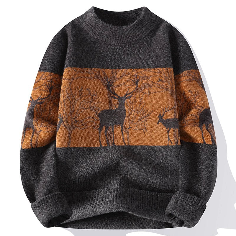 Men’s Pullover Sweater – Loose Fit – Wool Knit – Mock Neck – Deer Pattern – Ribbed Trim
