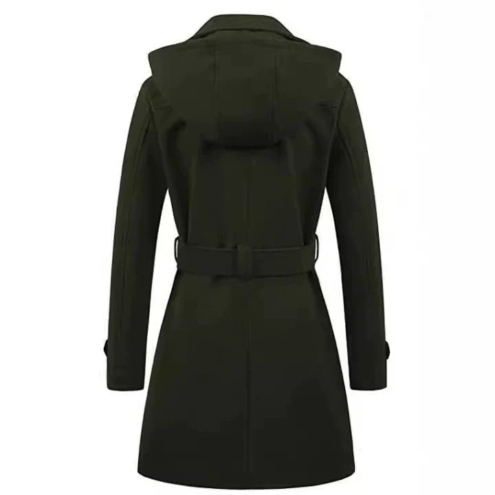 Women’s Coat – Double-Breasted Wool – Tailored Fit – Belted Waist – Hooded – Mid-Thigh Length