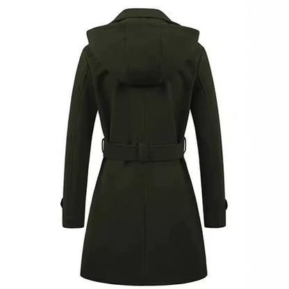Women’s Coat – Double-Breasted Wool – Tailored Fit – Belted Waist – Hooded – Mid-Thigh Length