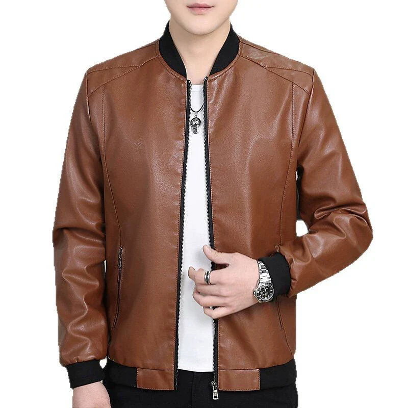 Men’s Bomber Jacket – Slim Fit – Faux Leather – Full Zip – Ribbed Collar and Cuffs