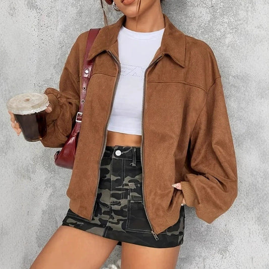 Women’s Zipper Jacket – Oversized Relaxed Fit – Lapel Collar – Ribbed Trim – Hip Length