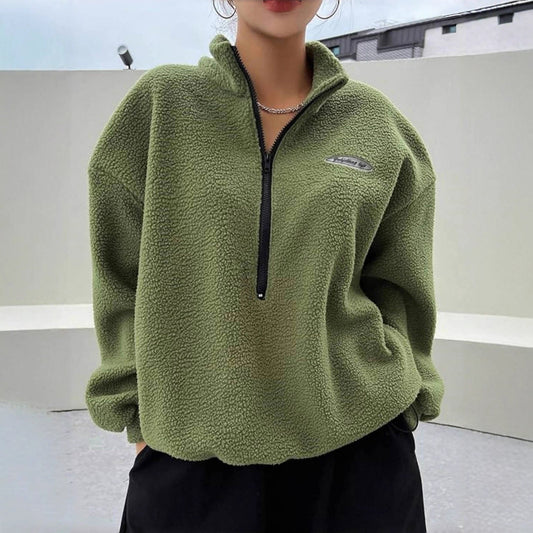 Women’s Pullover Sweatshirt – Plush Fleece – Oversized Fit – Mock Neck Half Zip