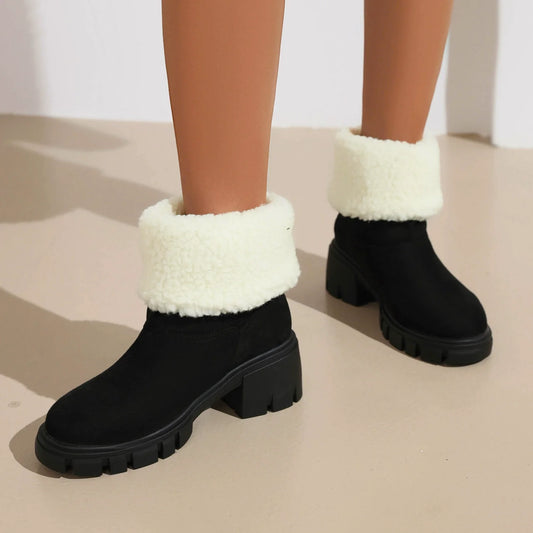 Women’s Ankle Boots – Block Heel – Plush Fold-Over Cuff – Lug Sole – Pull-On Fit