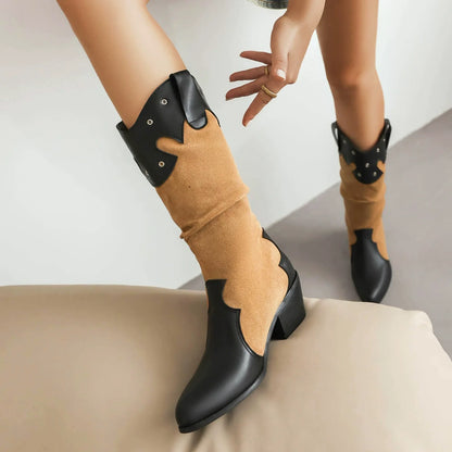 Women’s Mid-Calf Boots – Slouchy Fit – Western Style – Stud Accents – Block Heel