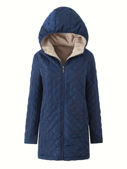 Women’s Quilted Hooded Jacket – Plush Lined – Relaxed Fit – Mid-Thigh Length – Zipper Front