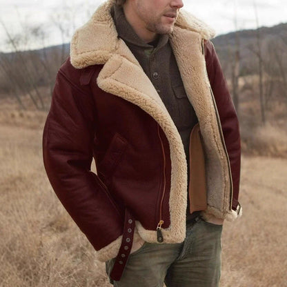 Men’s Aviator Jacket – Leather Build – Shearling Collar and Cuffs – Buckle Waist – Zip Front