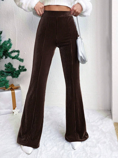 Women’s Flared Pants – High Waist Pull-On Fit – Ribbed Texture – Wide Leg Full Length