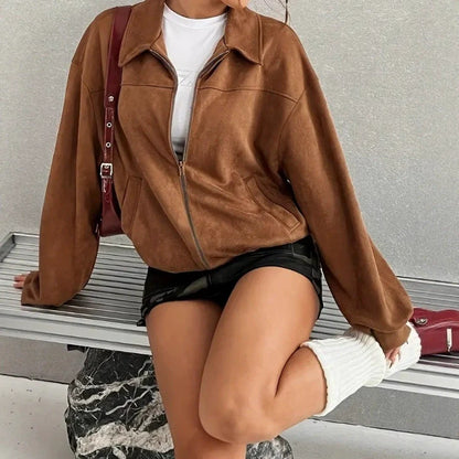 Women’s Zipper Jacket – Oversized Relaxed Fit – Lapel Collar – Ribbed Trim – Hip Length