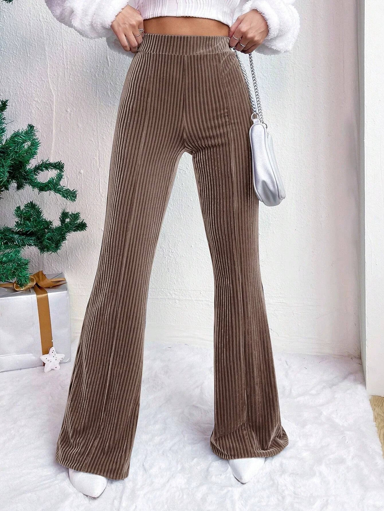 Women’s Flared Pants – High Waist Pull-On Fit – Ribbed Texture – Wide Leg Full Length