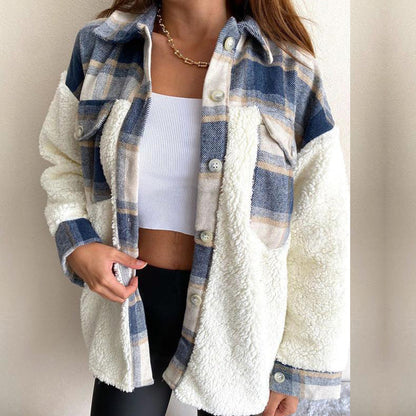 Women’s Shacket Jacket – Oversized Relaxed Fit – Sherpa Fleece – Plaid Wool Blend – Button Front