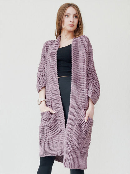 Women’s Knitted Coat – Oversized Fit – Chunky Wool Texture – Open Front – Patch Pockets