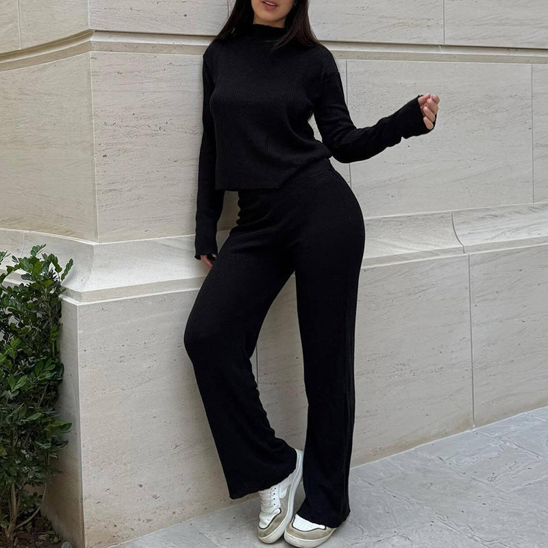 Women’s Lounge Set – Waffle Knit – Relaxed Fit – Mock Neck – Wide Leg Pants