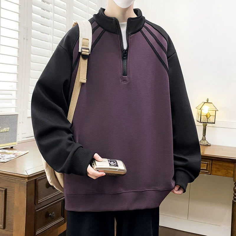 Men’s Sweatshirt – Oversized Relaxed Fit – Half Zip Collar – Contrast Sleeves – Cotton Blend