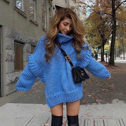 Women’s Pullover Sweatshirt – Chunky Knit Wool – Oversized Fit – Turtleneck – Ribbed Cuffs